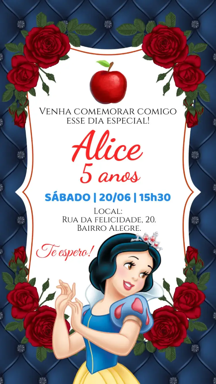 Invitación Invitación digital Blancanieves – tema Cumpleaños Infantil princesa, cuentos de hadas, bosque encantado, colores vibrantes, elementos gráficos divertidos