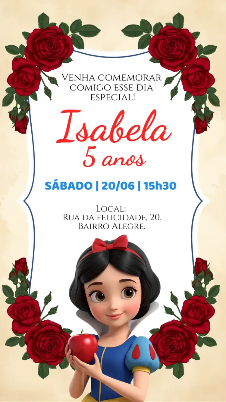 Invitación Invitación digital Blancanieves – tema Cumpleaños Infantil princesas, cuentos de hadas, rosas, colores suaves, estilo lúdico, ilustraciones encantadoras