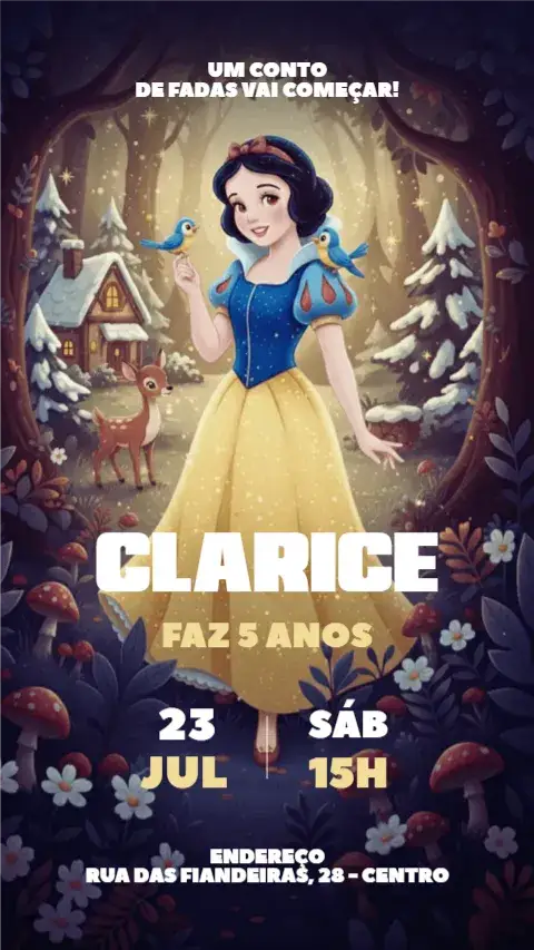 Convite Convite Digital Branca de Neve – tema Aniversário Infantil floresta mágica, cores suaves, elementos delicados, estilo encantado, vintage, feminino