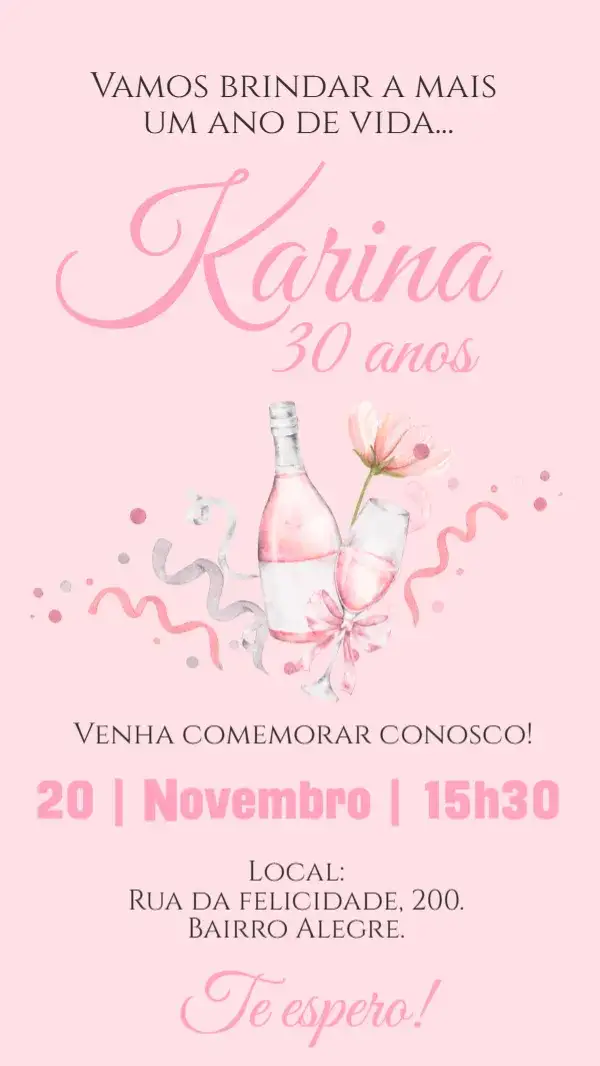 Invitación Convite digital brinde rosa aquarela flor – tema Aniversário floral, aquarela, rosa, delicado, moderno, feminino