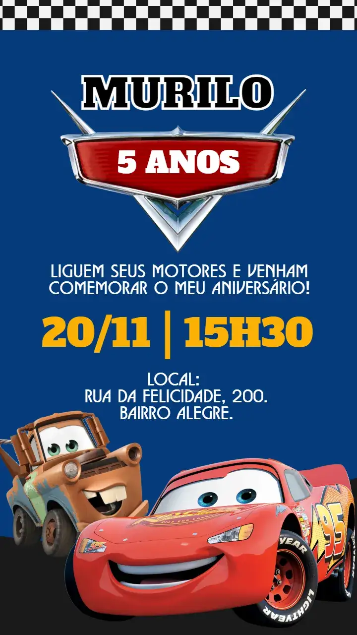 Invitación Invitación digital Cars Disney – tema Cumpleaños Infantil colorido, divertido, temático, animado, infantil