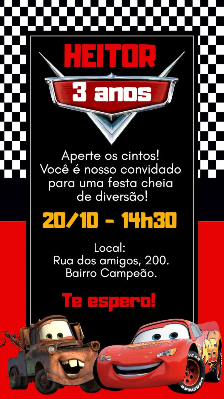 Invitation Convite digital Carros disney – Aniversário Infantil theme colorido, temático, divertido, moderno, vibrante, dinâmico