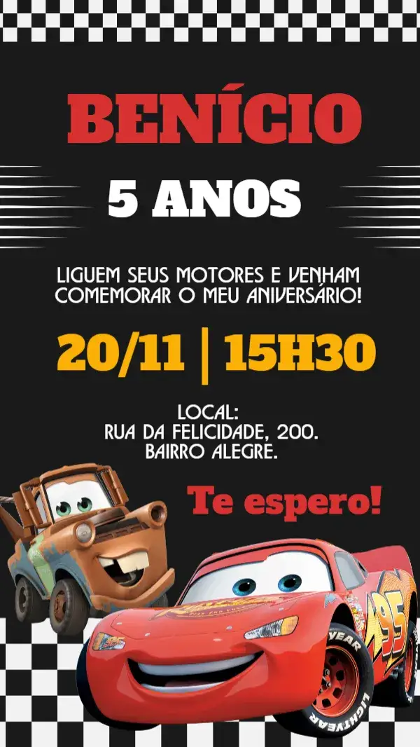 Invitation Digital Car Invitation – Kids' Birthday Party theme vibrant colors, racing style, car graphic elements, adventure, fun, childlike