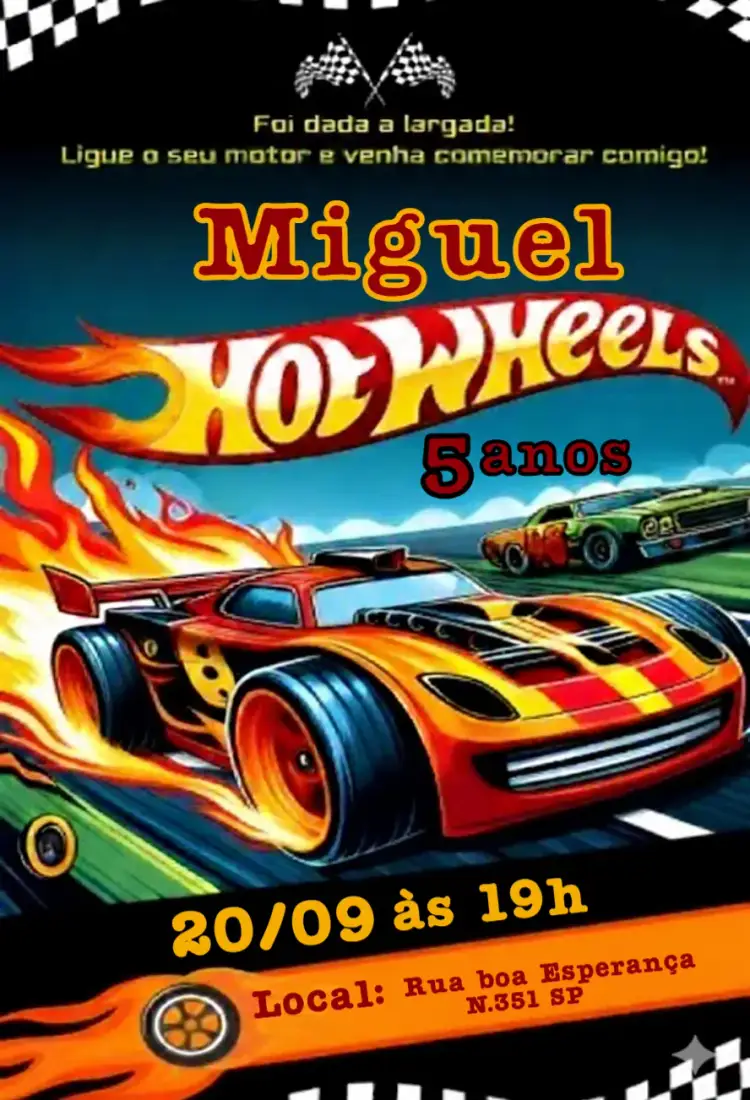 Convite Convite Digital Carros Hot Wheels – tema Aniversário Infantil colorido, divertido, temático, moderno, dinâmico