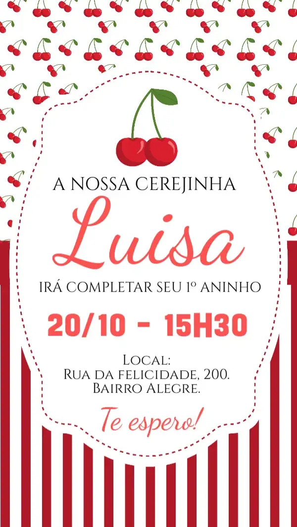 Invitación Convite digital Cerejinha – tema Aniversário Infantil vermelho, divertido, colorido, infantil, frutal