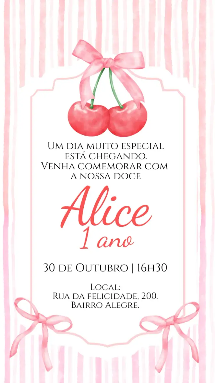 Invitación Convite digital Cerejinha – tema Aniversário Infantil colorido, doce, lúdico, frutal, alegre, festivo