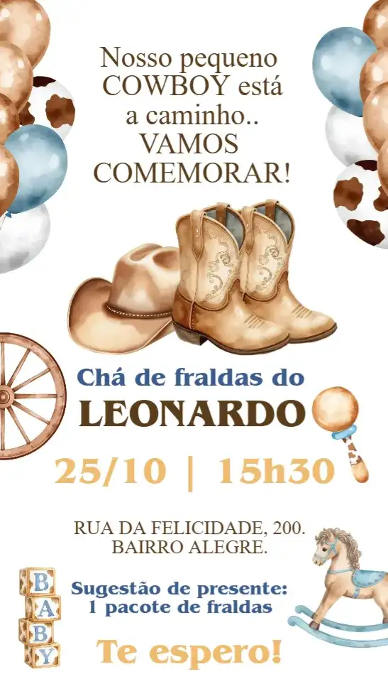 Convite digital Chá de Bebê Cowboy Country