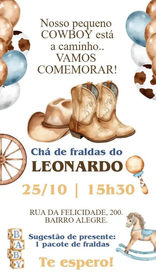 Invitación Convite digital Chá de Bebê Cowboy Country – tema Chá de Fraldas rústico, country, vintage, natural, festa fazendinha, boho