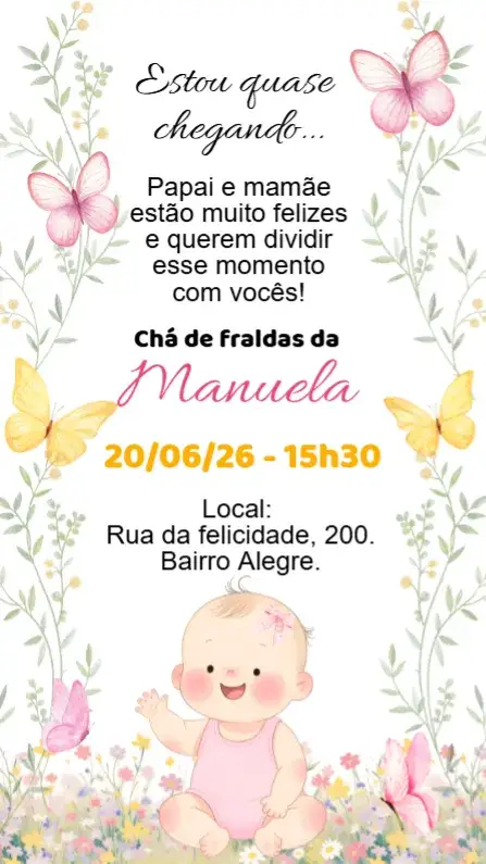 Convite Convite Digital Chá de bebê Fraldas bebe menina rosa jardim – tema Chá de Fraldas floral, romântico, delicado, colorido, infantil, moderno