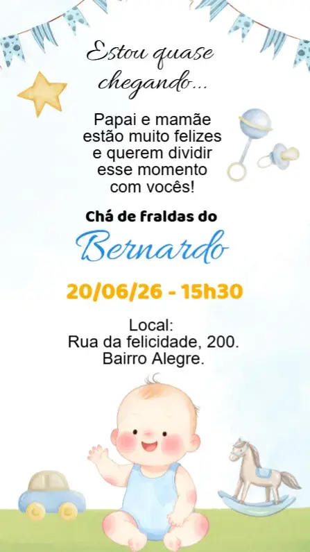 Convite digital Chá de Bebê fraldas bebe menino azul