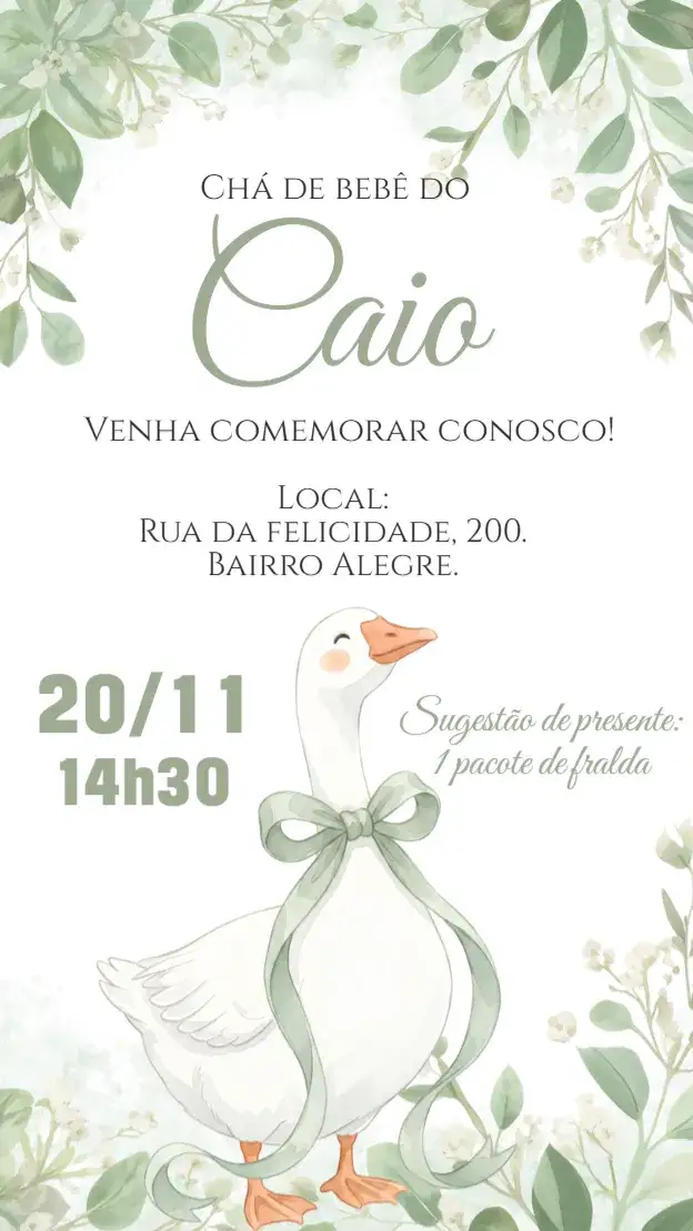 Invitation Convite digital Chá de Bebê fraldas gansinho verde aquarela – Chá de Fraldas theme verde, aquarela, delicado, infantil, natureza, gansinho