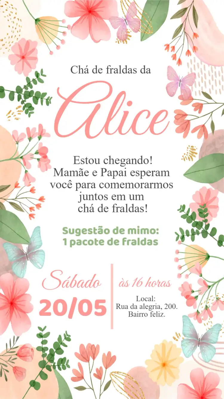 Convite digital Chá de bebê fraldas Jardim encantado