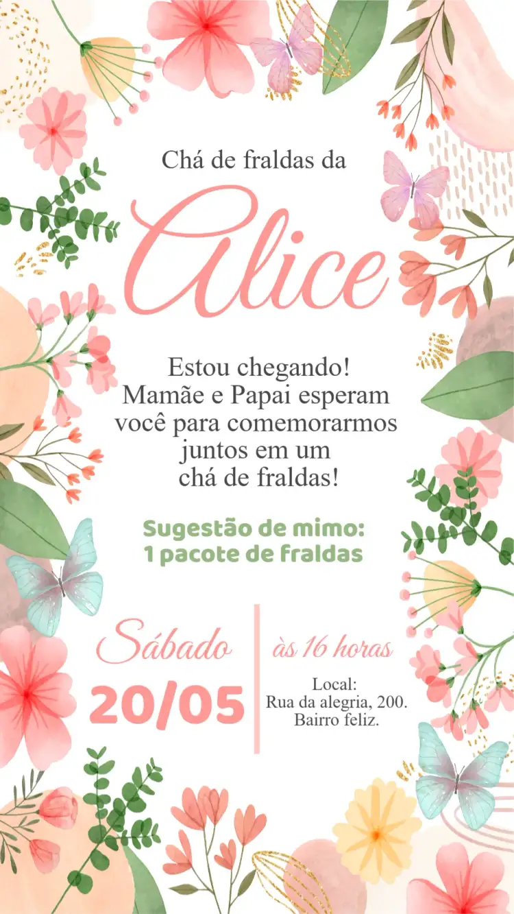 Invitación Convite digital Chá de bebê fraldas Jardim encantado – tema Chá de Fraldas floral, jardim, colorido, delicado, encantado