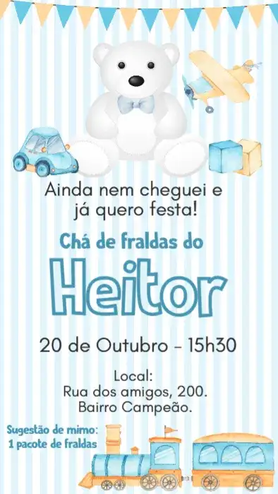 Convite digital Chá de bebê fraldas ursinho brinquedos