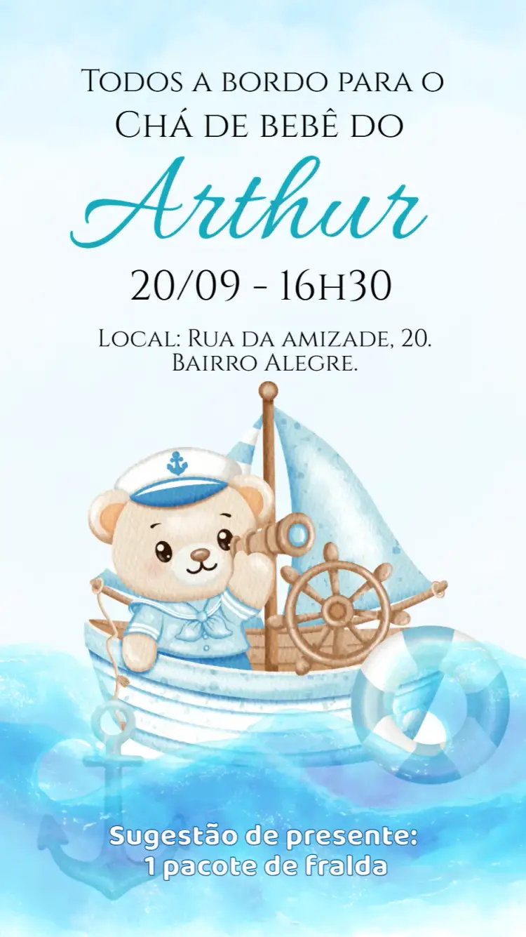 Convite Convite digital Chá de bebê/fraldas Ursinho Marinheiro – tema Chá de Fraldas marinheiro, azul e branco, fofo, infantil, nautical, divertido