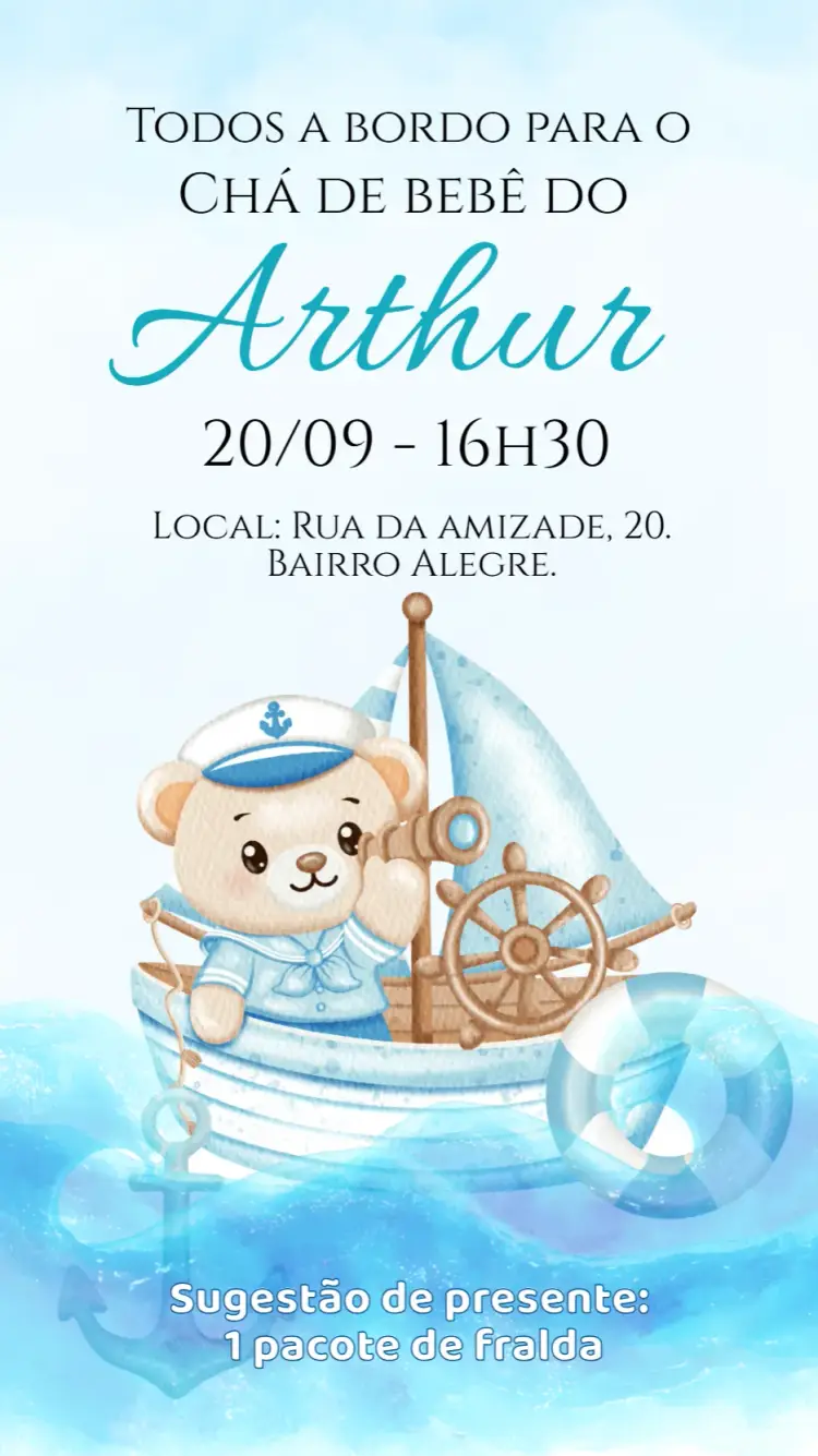 Convite digital Chá de bebê/fraldas Ursinho Marinheiro