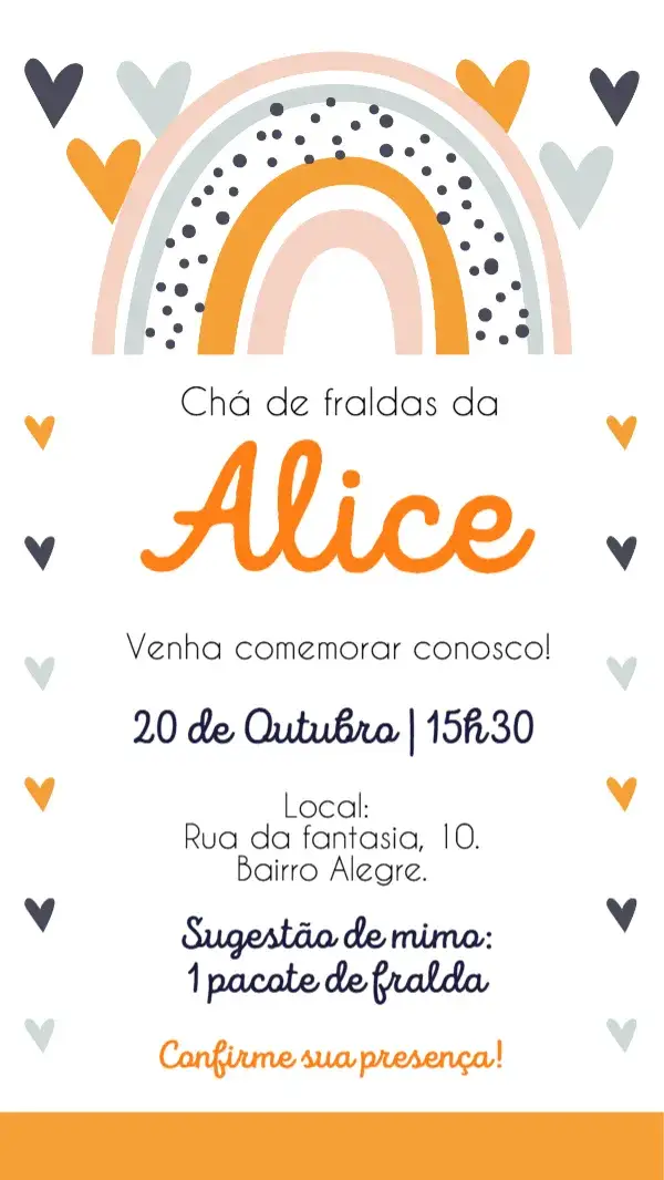 Invitación Convite digital chá de fraldas bebê arco iris boho – tema Chá de Fraldas boho, arco íris, delicado, colorido, minimalista