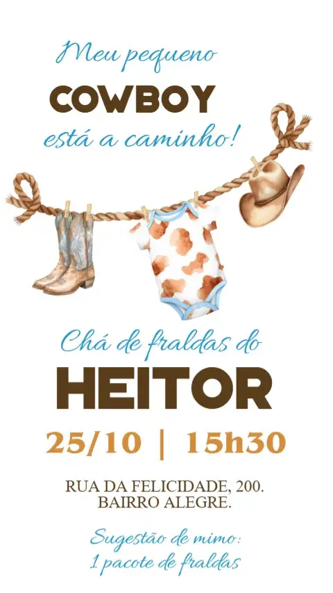 Invitación Convite digital Chá de fraldas bebê cowboy – tema Chá de Fraldas country, rústico, divertido, colorido, lúdico