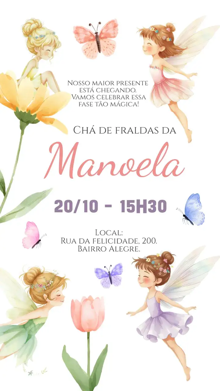 Invitación Convite digital Chá de fraldas bebê fadinhas aquarela – tema Chá de Fraldas aquarela, floral, delicado, mágico, infantil, colorido