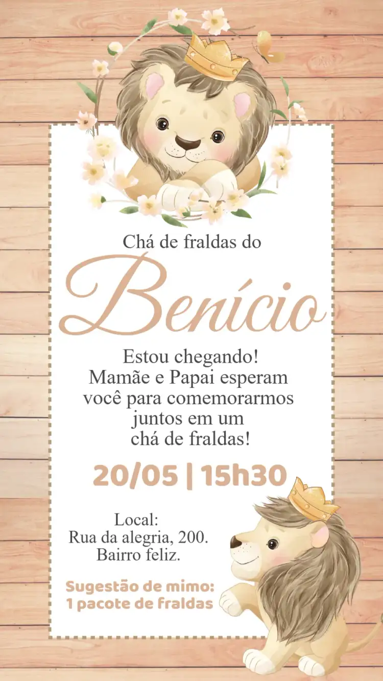 Convite digital Chá de fraldas bebê leãozinho safari