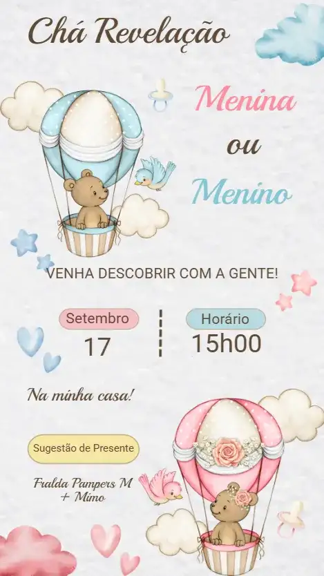 Convite Digital Chá Revelação Ursinho Azul e Rosa