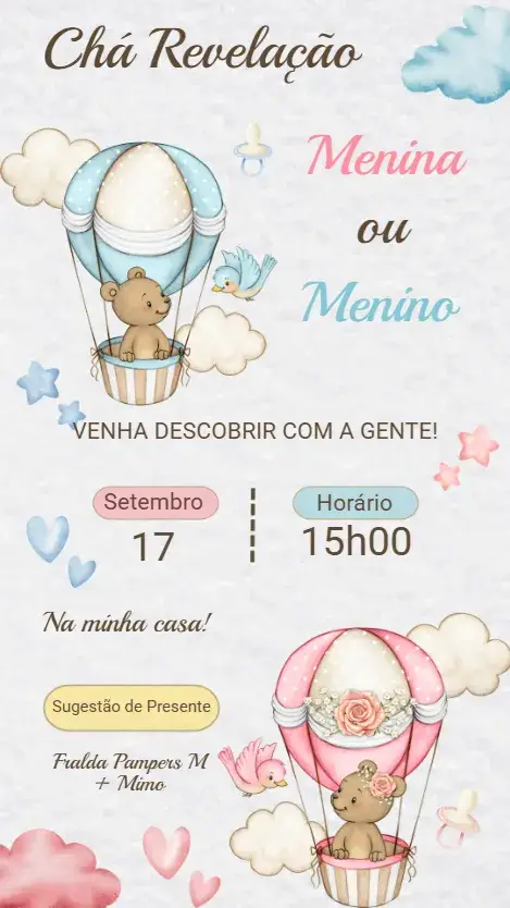 Convite Digital Chá Revelação Ursinho Azul e Rosa