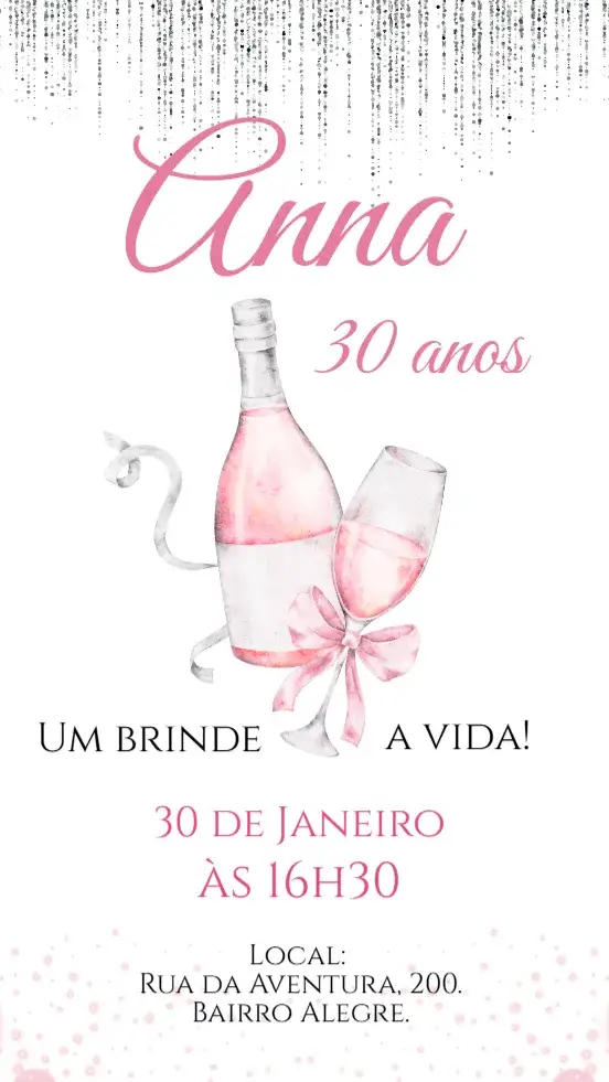 Convite Convite digital Champanhe Brinde rosa – tema Aniversário rosa, aquarela, feminino, elegante, moderno
