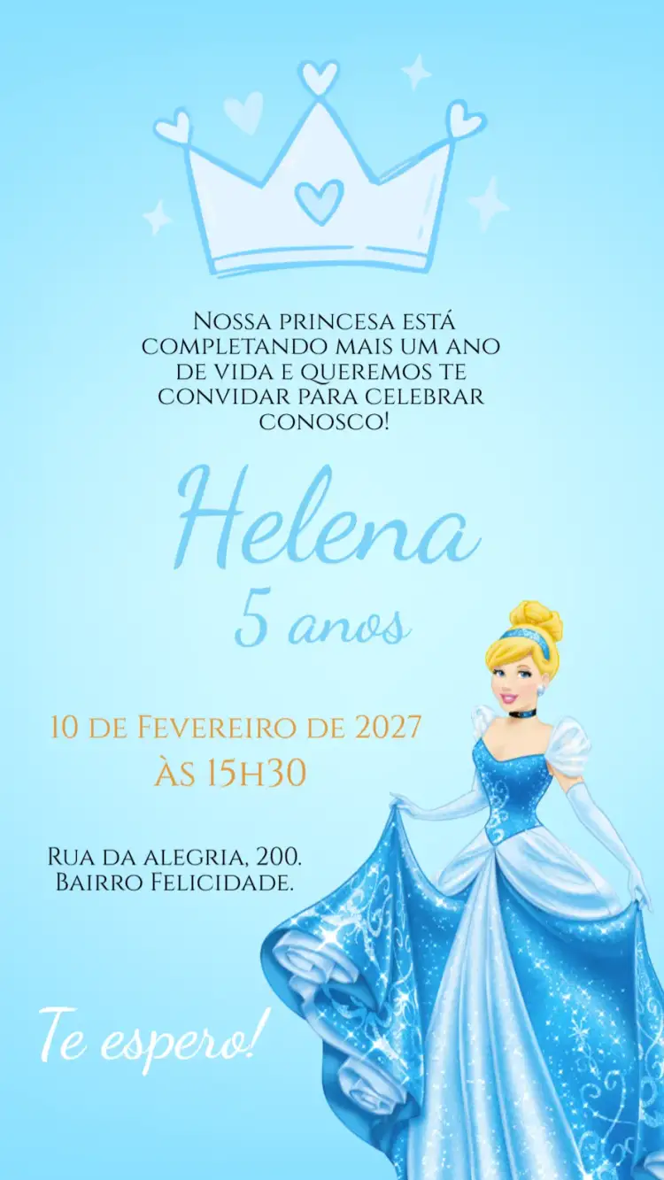 Convite Convite digital Cinderela – tema Aniversário Infantil azul, princesa, fantasia, mágico, infantil, elegante