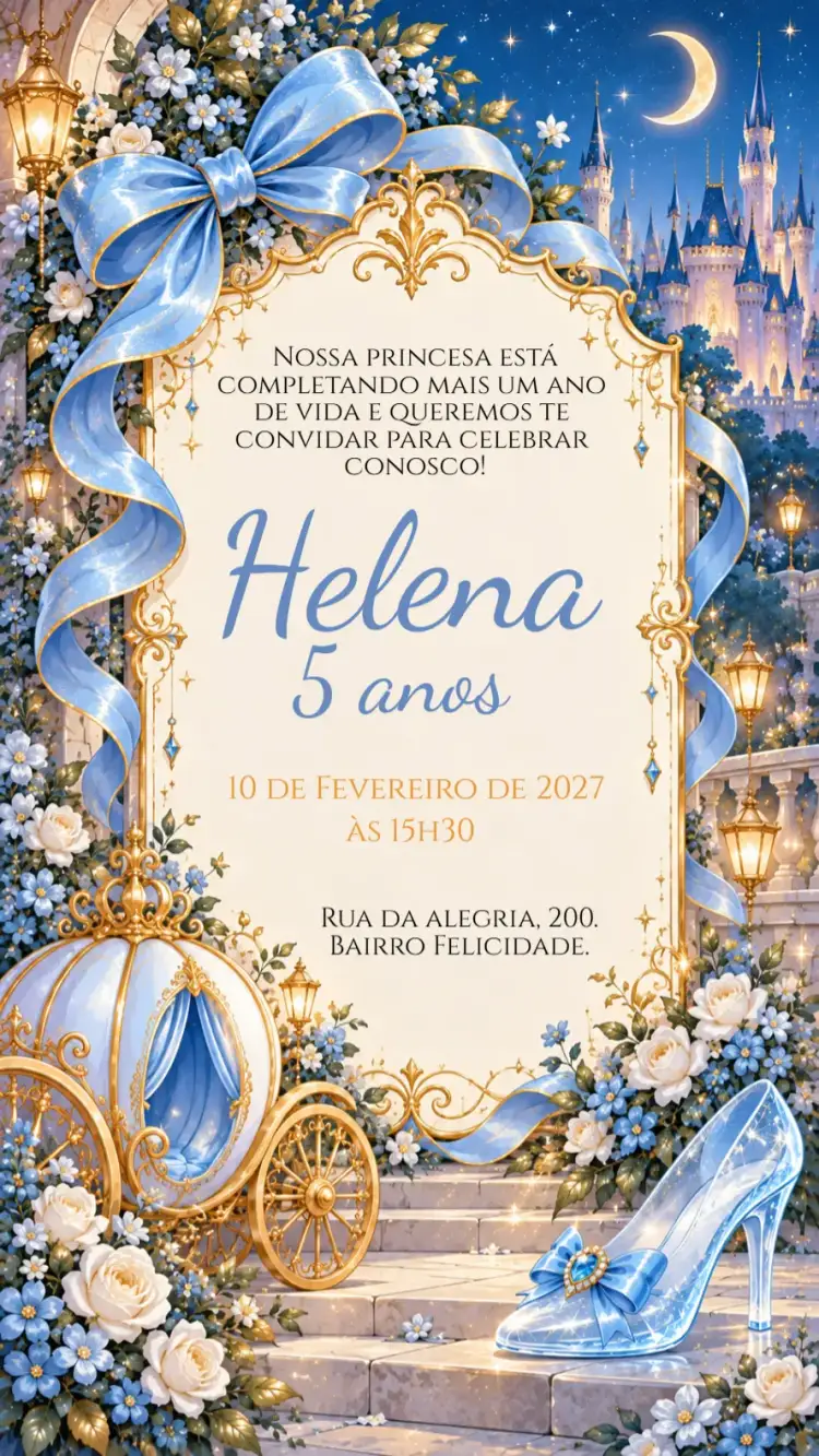 Convite Convite digital Cinderela – tema Aniversário Infantil princesa, conto de fadas, azul e rosa, ilustrações delicadas, sapatinho de cristal