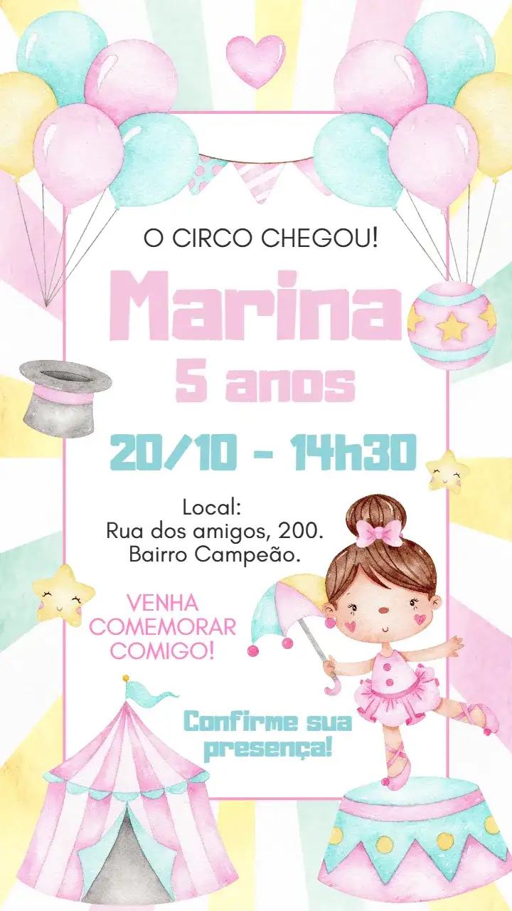 Convite digital Circo rosa aquarela bailarina