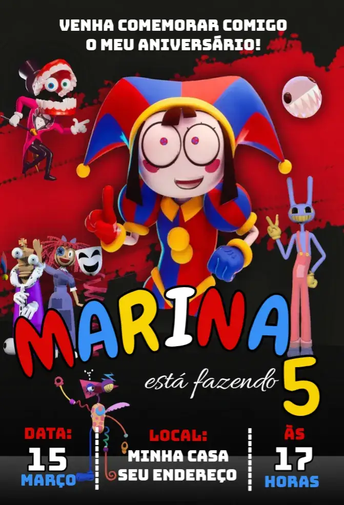 Convite Convite Digital Circus – tema Aniversário colorido, divertido, circense, vibrante, ilustrações infantis, festivo