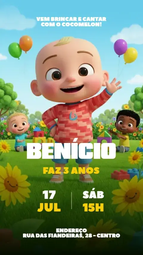 Convite Convite Digital CoComelon – tema Aniversário Infantil colorido, infantil, festivo, lúdico, divertido