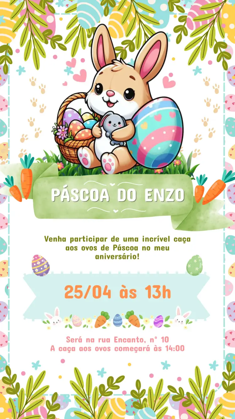 Convite Convite Digital Coelho da Páscoa Aniversário Infantil – tema Aniversário Infantil colorido, lúdico, divertido, páscoa, infantil, animais fofos