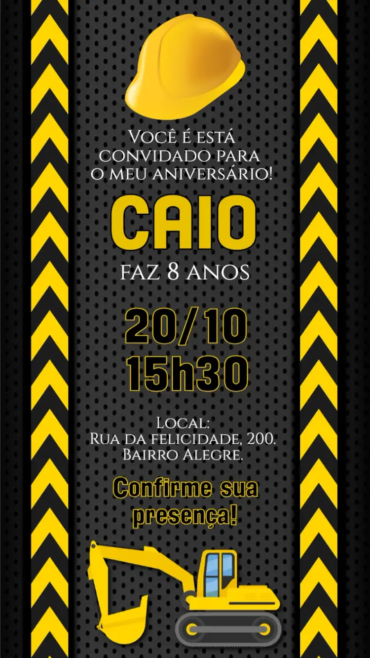 Convite Convite digital Construção – tema Aniversário Infantil cores vibrantes, estilo lúdico, elementos gráficos de construção, design moderno, ilustrações divertidas