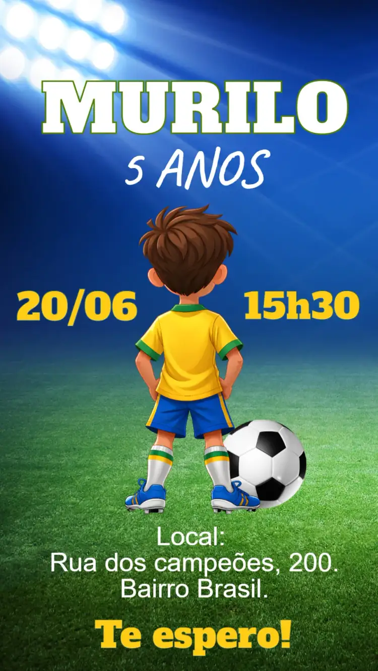 Invitación Convite digital Copa do Mundo Futebol Brasil – tema Aniversário Infantil verde e amarelo, futebol, temática esportiva, divertido, alegre, colorido