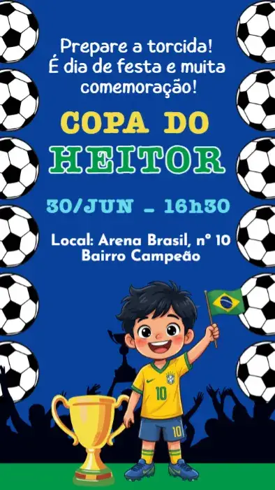 Convite Convite digital Copa do Mundo Futebol Brasil – tema Aniversário Infantil verde e amarelo, esportivo, colorido, divertido, jogos, temática de futebol