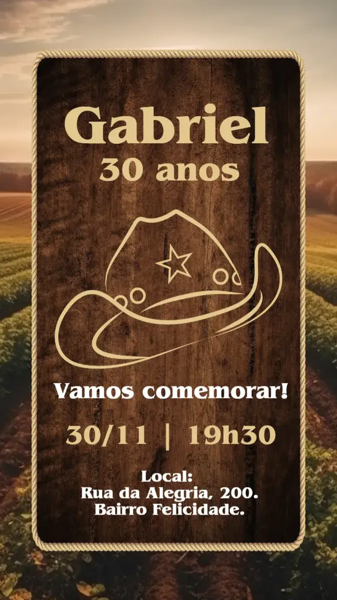Invitation Convite digital Cowboy Country agro – Aniversário theme rústico, country, sertanejo, vintage, natural, masculino