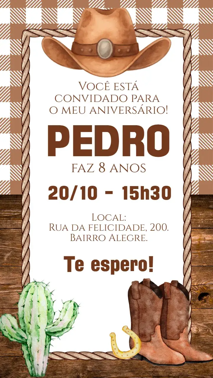 Invitation Convite digital Cowboy Country – Aniversário theme estilo country, elementos rurais, cores terrosas, design divertido, inspirado na vida do campo