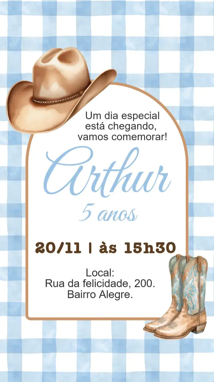 Invitación Convite digital Cowboy Country menino azul – tema Aniversário Infantil country, rústico, azul, aventura, vintage, temático