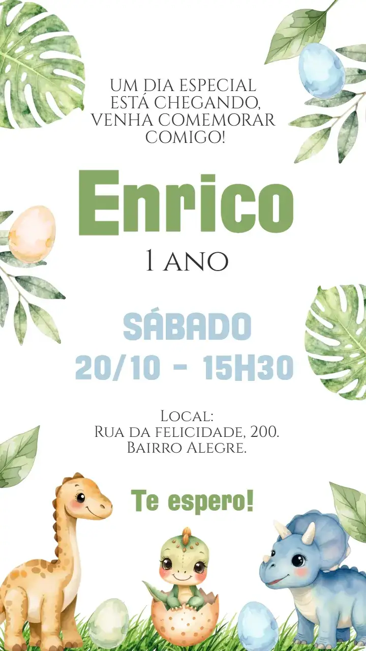Invitación Convite digital Dinossauro baby – tema Aniversário Infantil divertido, colorido, ilustrações de dinossauros, temática jurássica, estilo lúdico