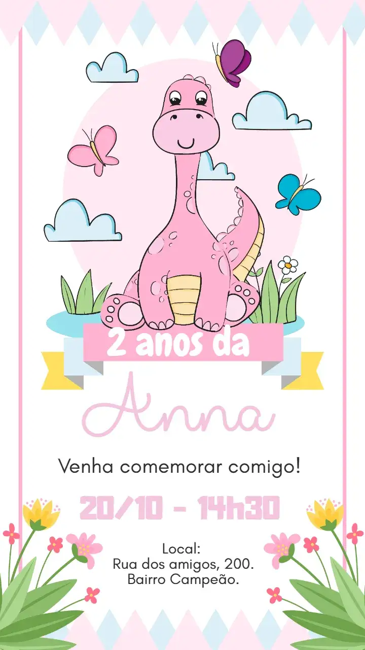 Convite Convite digital Dinossauro rosa – tema Aniversário Infantil colorido, divertido, lúdico, moderno, temático, infantil