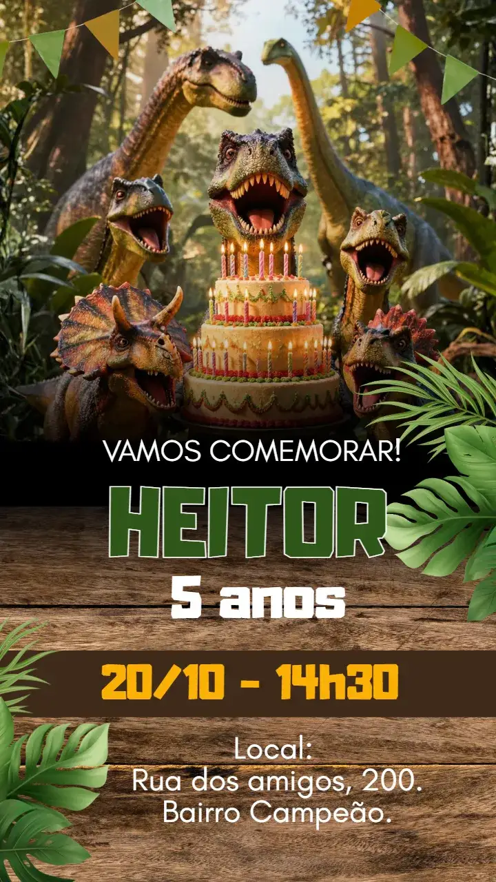 Invitation Convite digital Dinossauros – Aniversário Infantil theme colorido, divertido, ilustrações de dinossauros, aventura, pré-histórico
