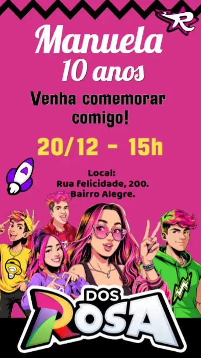 Convite Convite digital Dos Rosa - Emilly Vick – tema Aniversário Infantil floral, colorido, lúdico, infantil, moderno, divertido
