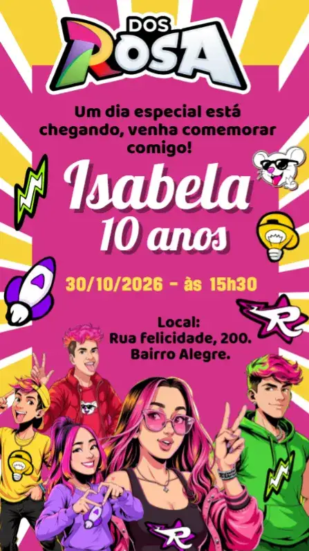 Convite Convite digital Dos Rosa - Emilly Vick – tema Aniversário Infantil rosa suave, divertido, lúdico, moderno, colorido, infantil