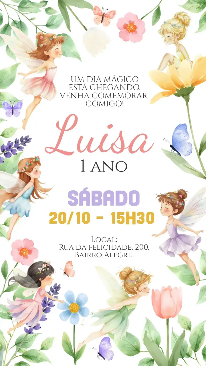 Invitación Convite digital Fadinhas aquarela – tema Aniversário Infantil aquarela, floral, mágico, colorido, infantil, jardim encantado