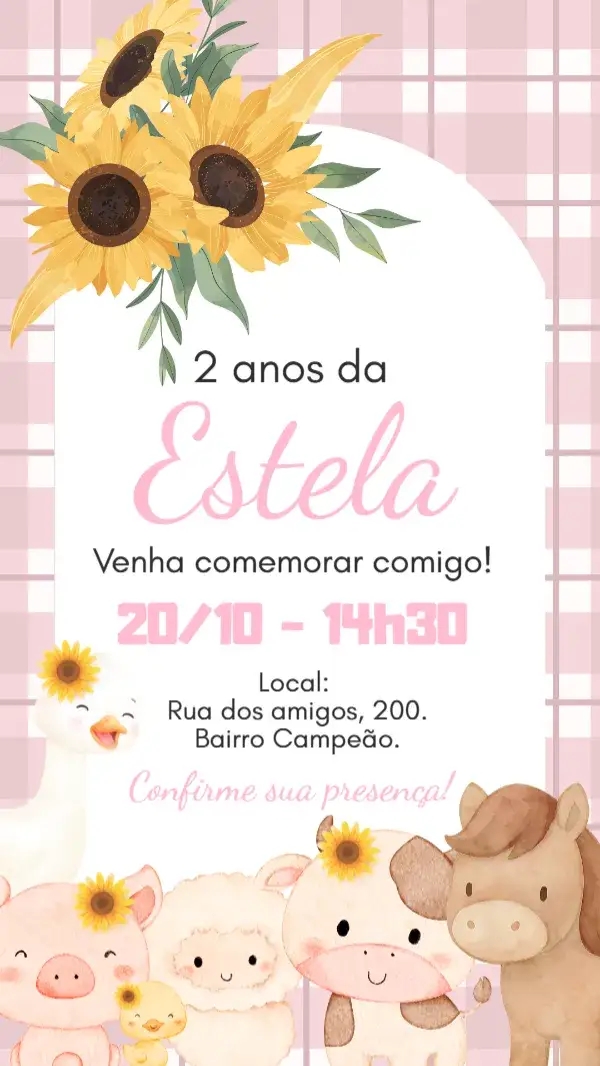 Invitación Convite digital Fazendinha rosa – tema Aniversário Infantil rosa, fazendinha, animais, girassol, divertido, infantil