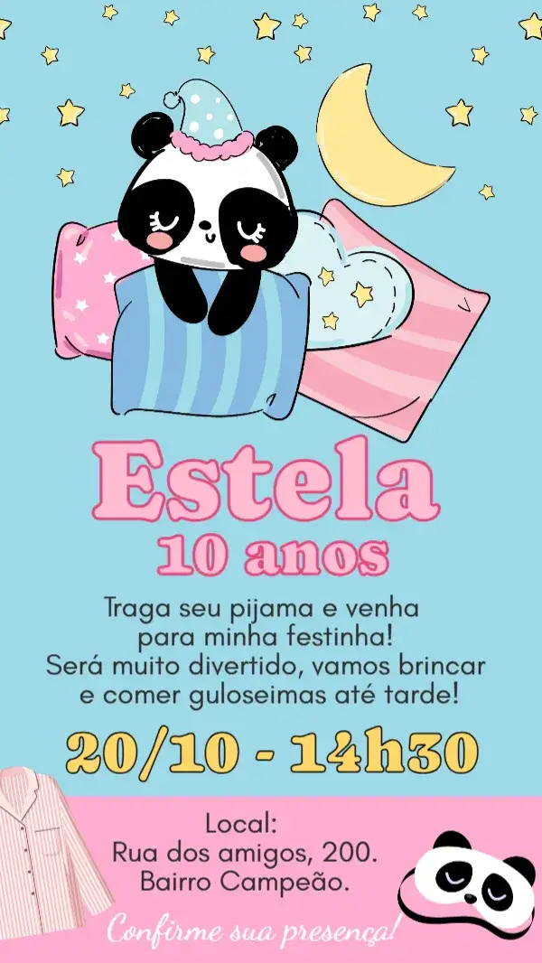 Invitation Convite digital Festa do Pijama meninas – Aniversário Infantil theme cores suaves, ilustrações de panda, estilo lúdico, tema noturno, detalhes em rosa, visual divertido