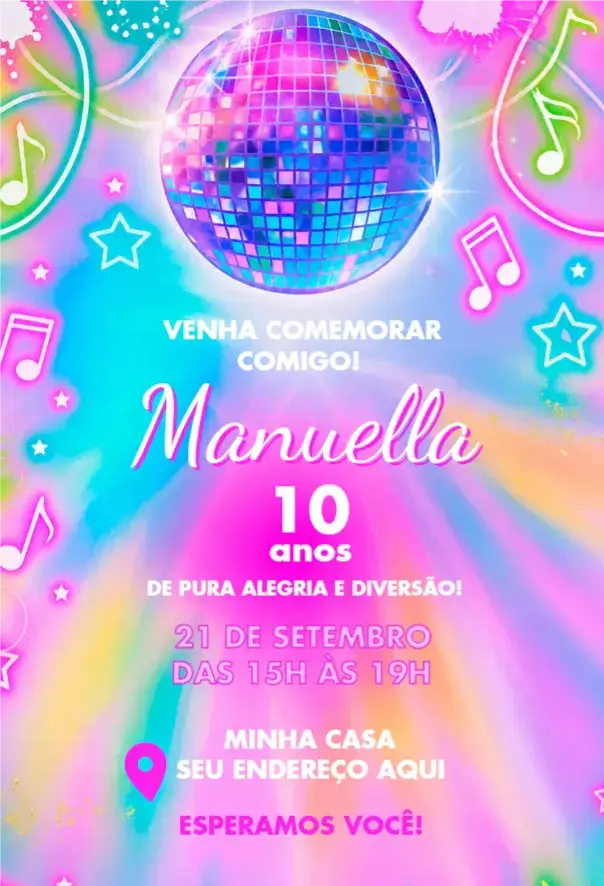 Invitación Convite Digital Festa Neon – tema Aniversário neon, colorido, balada, moderno, vibrante
