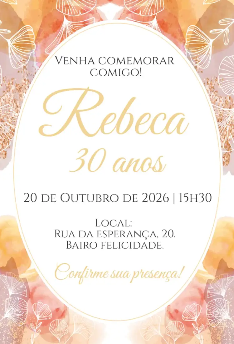 Convite Convite digital floral dourado – tema Aniversário floral, dourado, tropical, delicado, aquarela