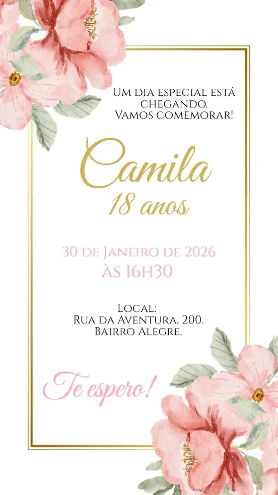 Convite Convite digital floral rosa e dourado – tema Aniversário floral, rosa, dourado, delicado, moderno, aquarela